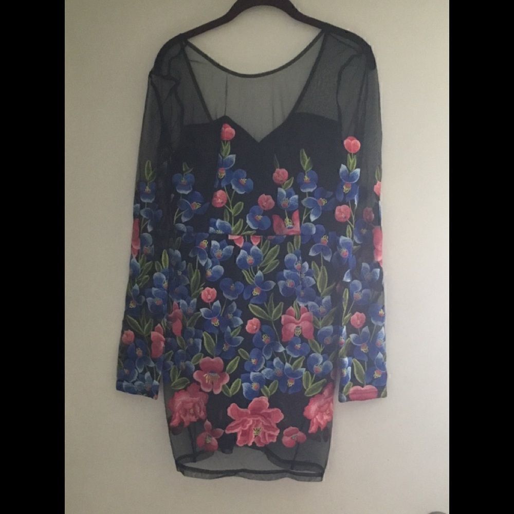 WET SEAL Black/Floral Embroidered/Mesh Trim Dress